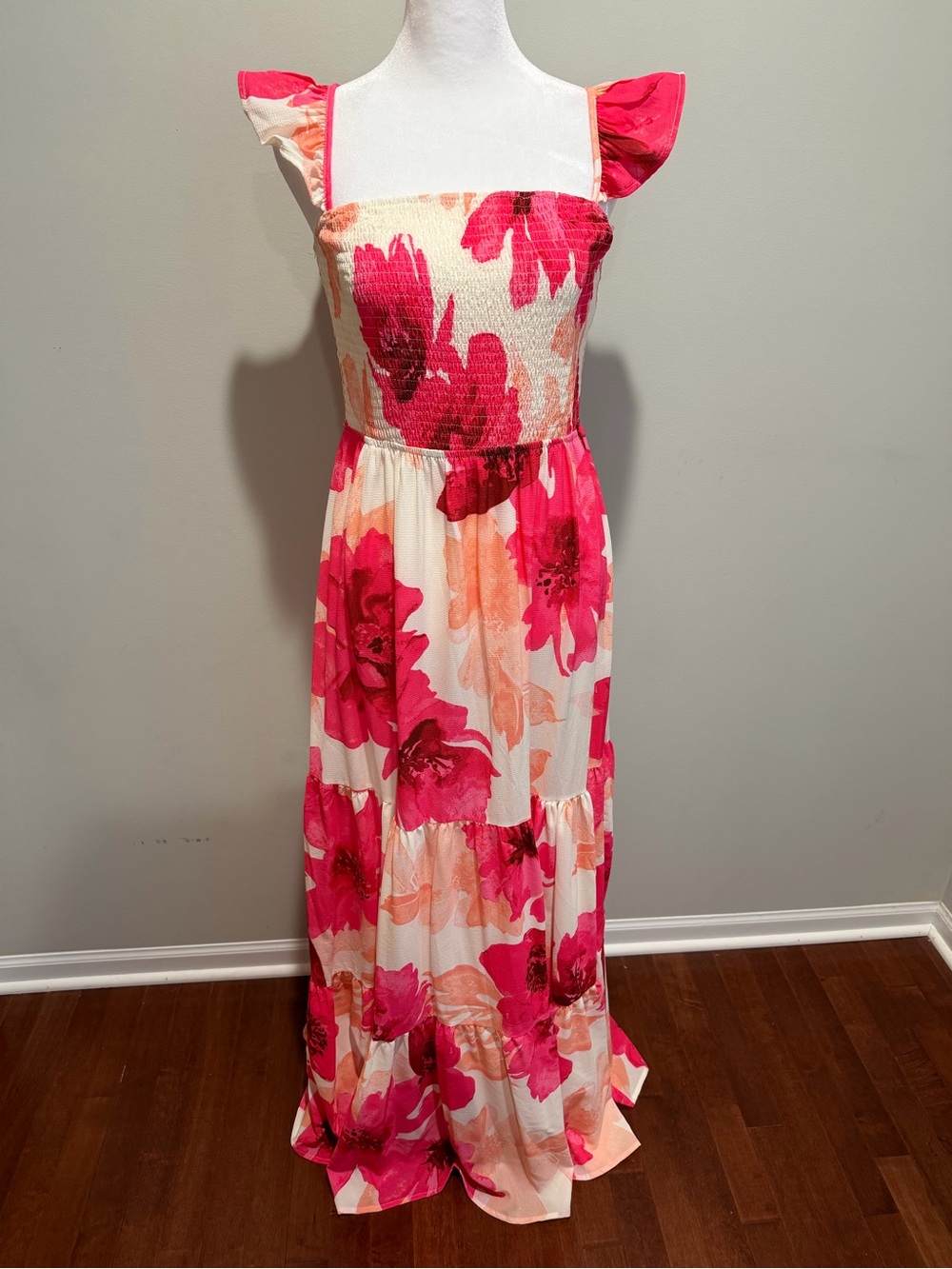 Flying Tomato Pink and Cream Floral Smocked Maxi Dress